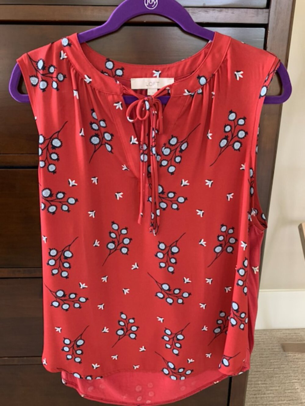 LOFT Women's Red Floral Sleeveless Tie Neck Blouse Top Size XL